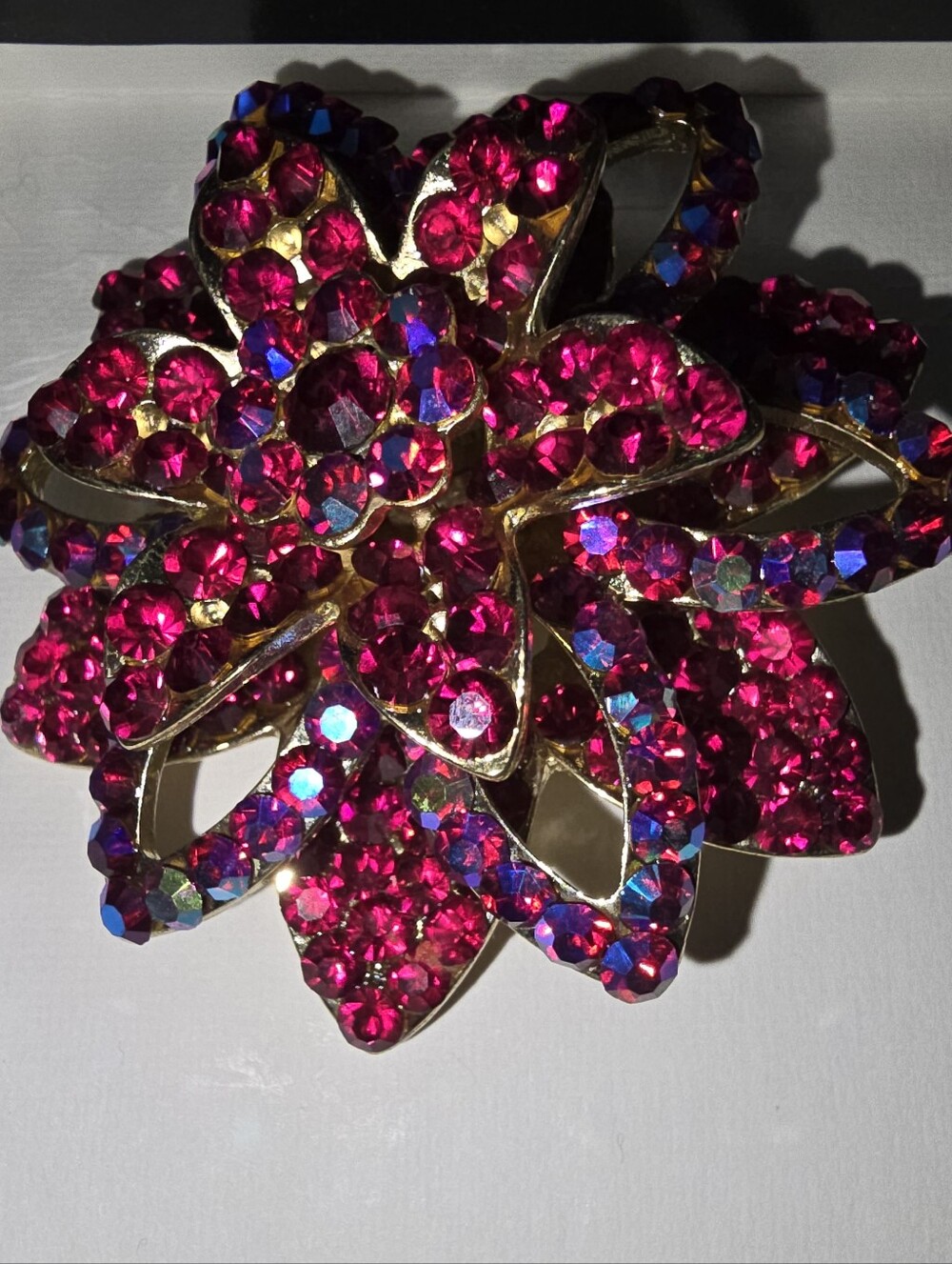 Gold-Tone Floral Brooch with Fuchsia Crystal Accents